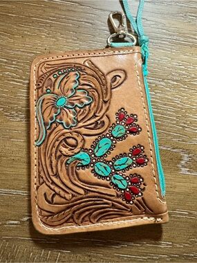 Leather Tooled Key & Card Holder with Turquoise and Red Accents